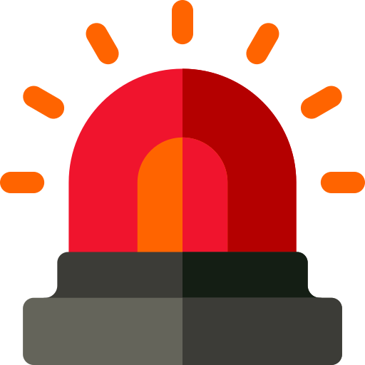 Illustration of a red flashing emergency warning light with orange rays, mounted on a dark gray base.