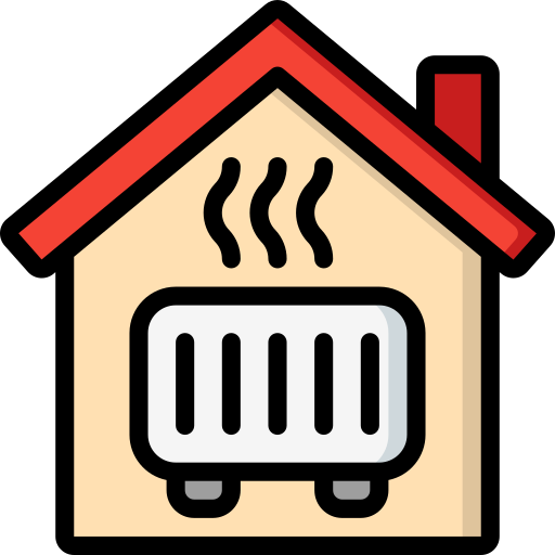 Illustration of a house with a red roof and a radiator emitting heat inside.