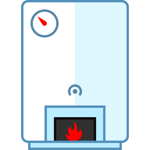 A digital illustration of a water heater with a temperature gauge and a fire icon at the bottom, indicating a heating element.