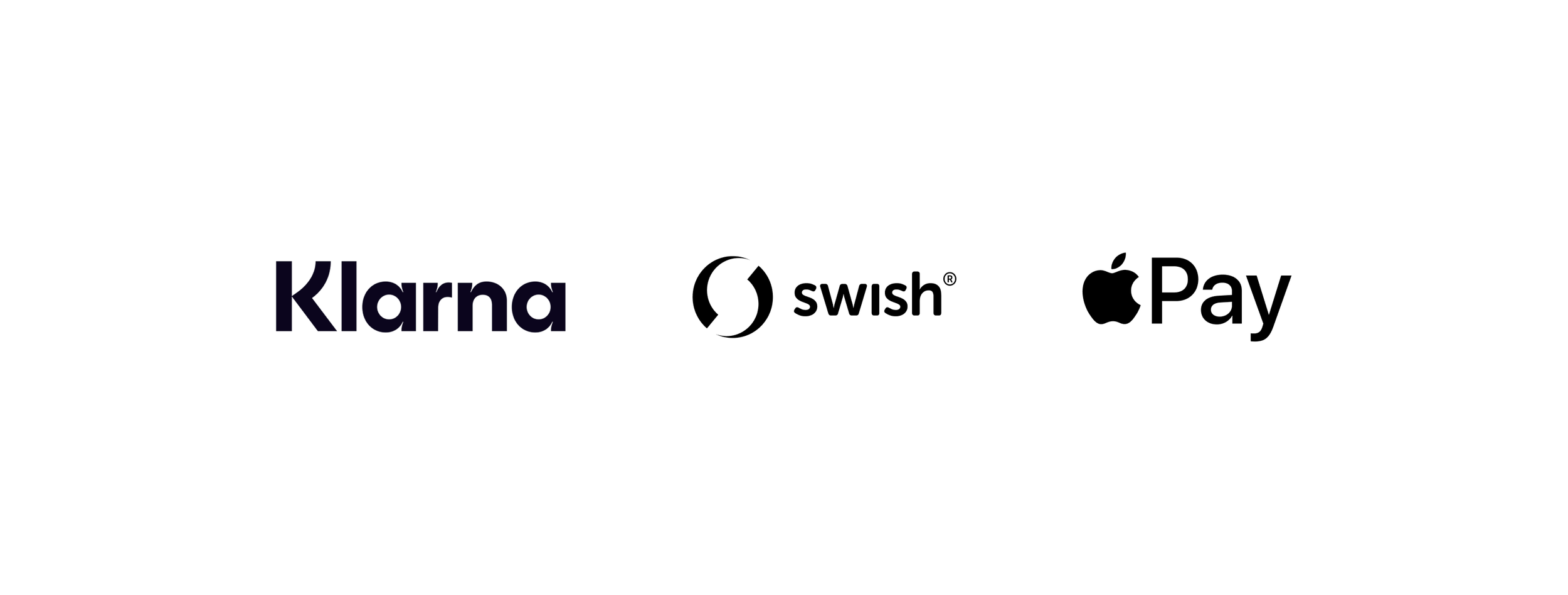 Logotyper för Klarna, Swish och Apple Pay.