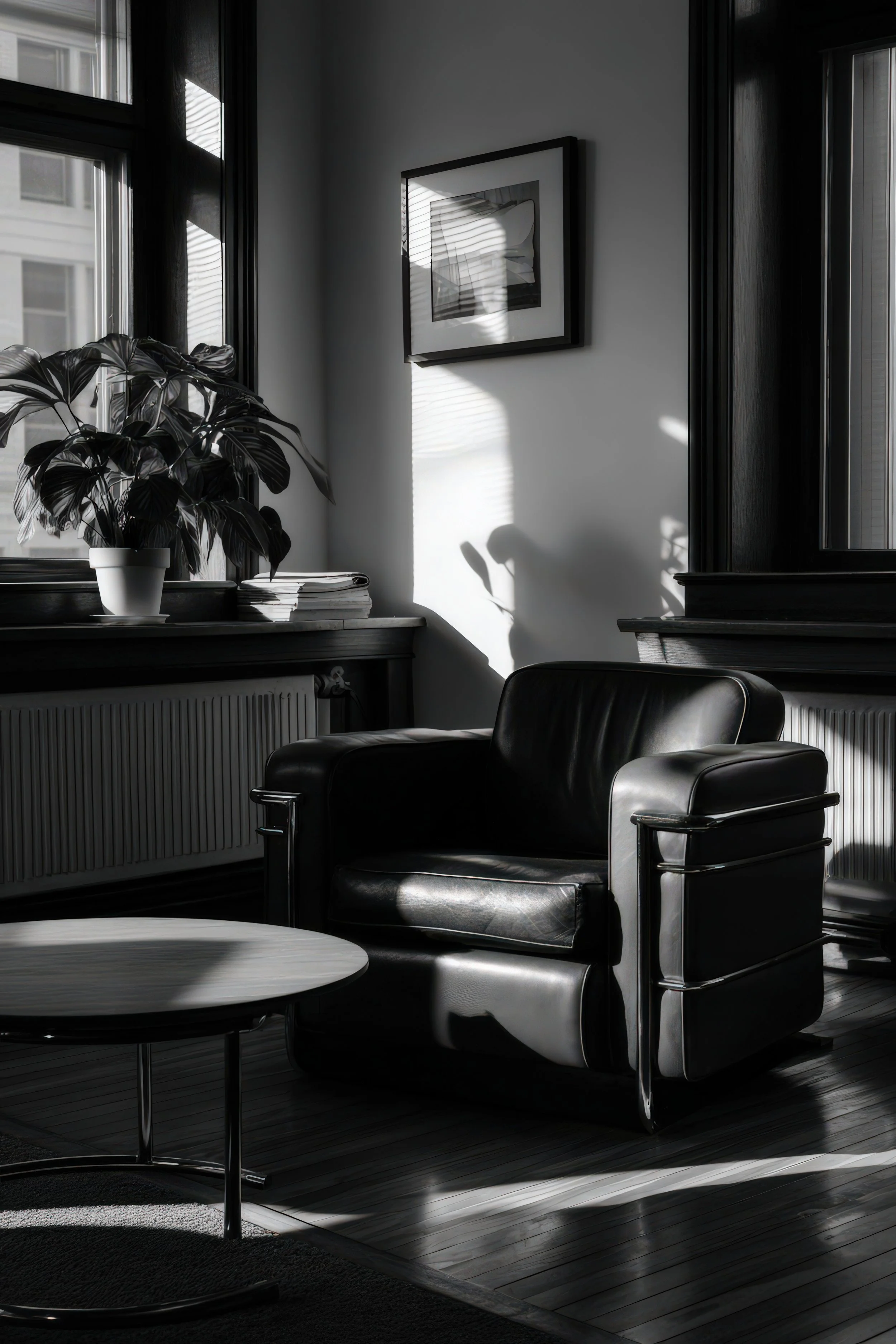A black leather armchair next to a small round side table in a room with sunlight casting shadows on the wall. There is a window with black frames, a potted plant, and a framed black-and-white photo on the wall.