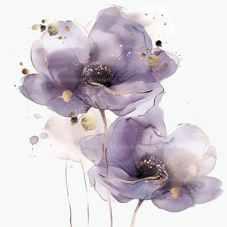Watercolor painting of two purple poppies with gold accents on a white background.