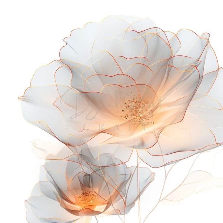 Abstract digital artwork of two white flowers with orange and red lines and shading on a white background.