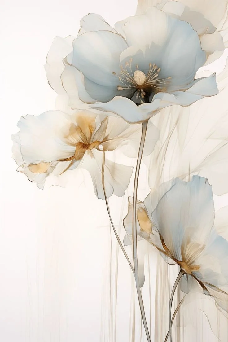 Soft, pastel-colored watercolor-style flowers with delicate petals and slender stems.