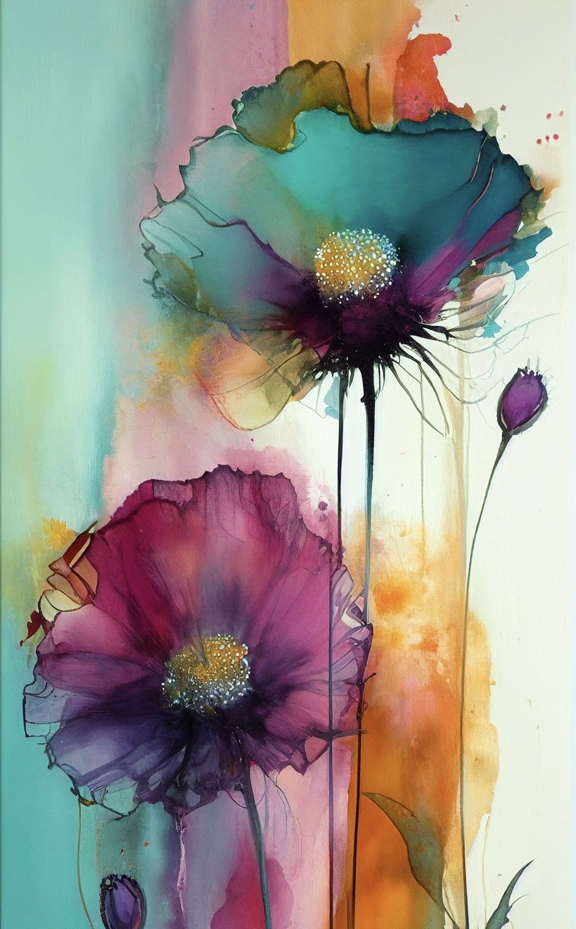 Abstract watercolor painting of pink, purple, blue, and green flowers with soft pastel background.