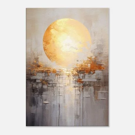Abstract painting of a large yellow sun reflected on water with textured brushstrokes in beige, gray, and white