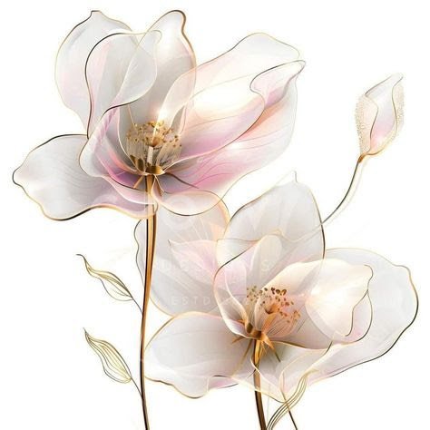 Elegant illustration of white and light pink magnolia flowers with gold accents and delicate leaves.