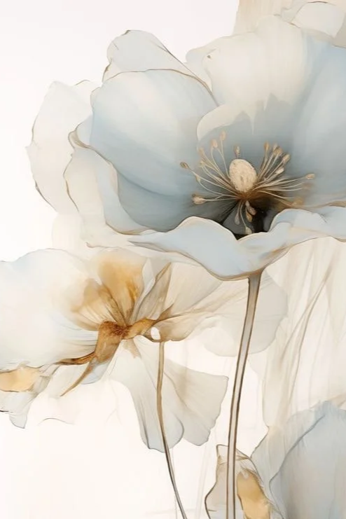 Close-up of light-colored, delicate flowers with soft petals and prominent stamens, set against a plain background.