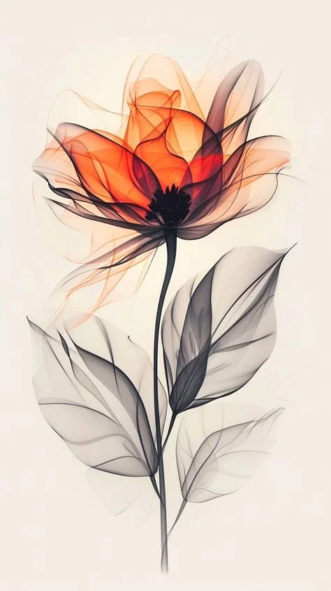 A delicate, artistic illustration of a single flower with semi-transparent petals in shades of orange, red, and black, and leaves in black and gray, on a light background.