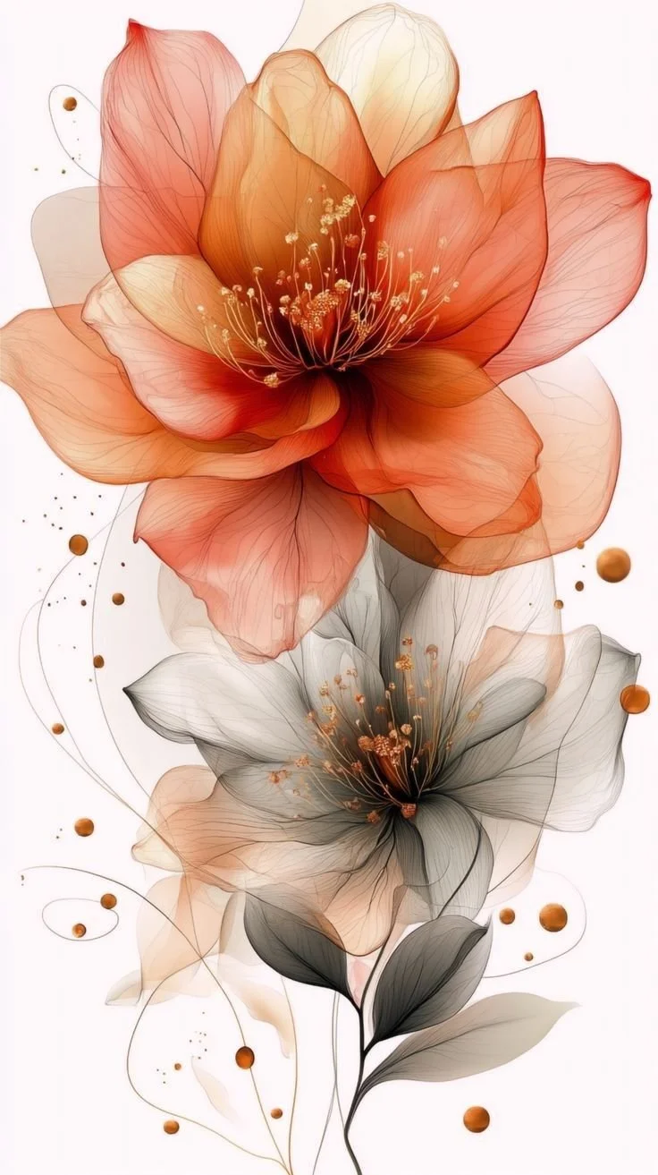 Digital illustration of two semi-transparent flowers, a peach-colored one at the top and a grayish one below, with delicate swirling lines and small orange dots surrounding them.