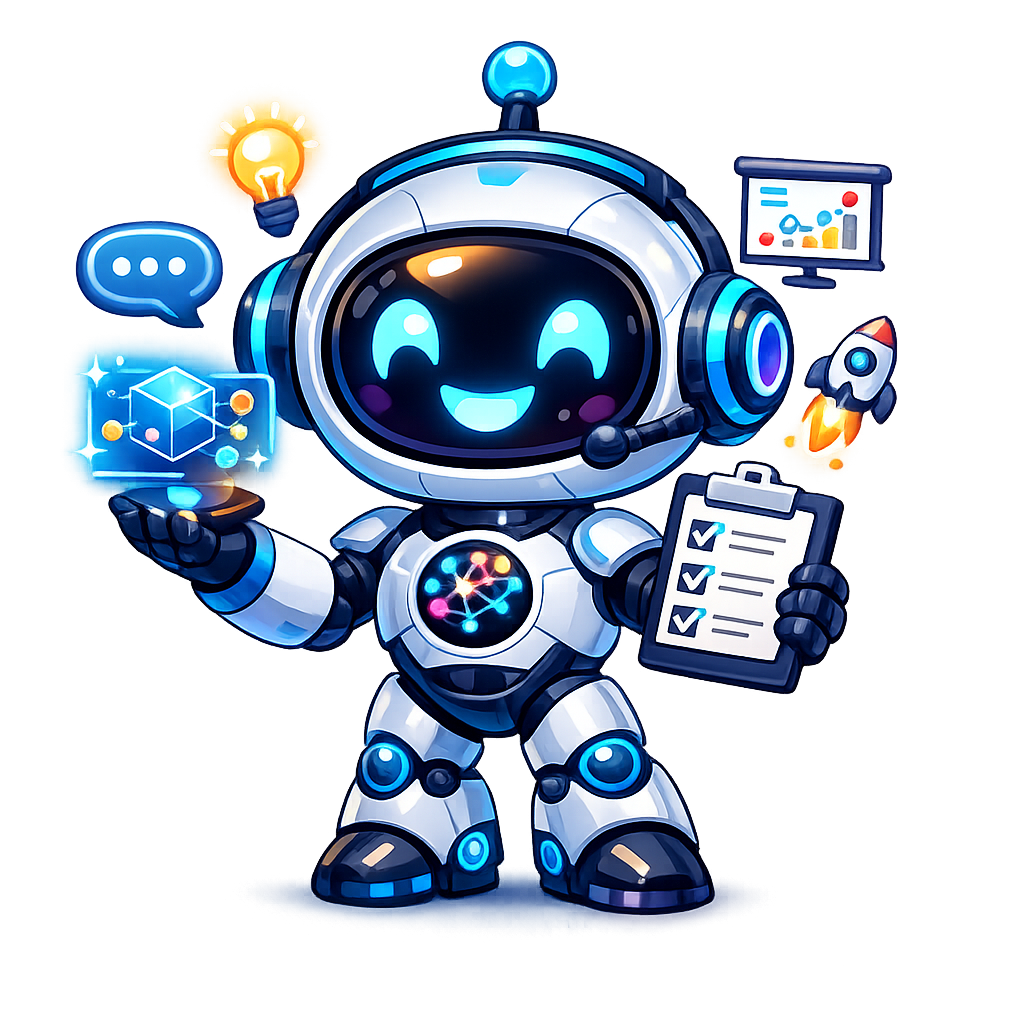 A cartoon robot with a smiling face holding a clipboard and a holographic cube, surrounded by icons representing ideas, data, and space exploration.