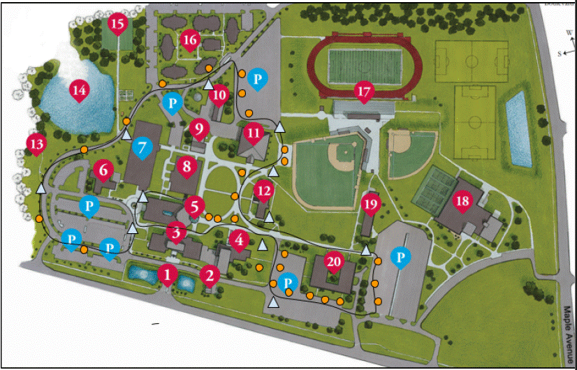 Campus map showing various buildings, sports fields, parking lots, a pond, and pathways, with numbered locations marked in red.