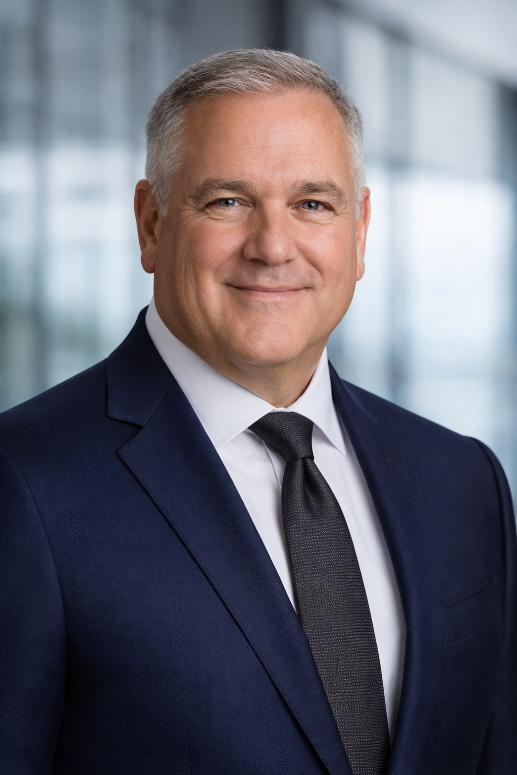 Professional headshot of a smiling man in a dark suit, white shirt, and striped tie, with an urban office building background.
