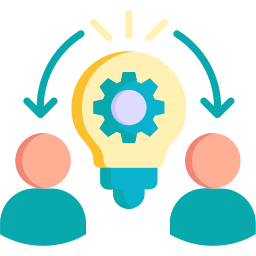 Two stylized human figures connected to a light bulb with a gear inside, representing ideas or innovation.