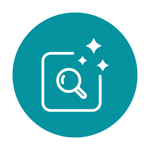 Icon of a book with a magnifying glass and sparkles, representing search or discovery.