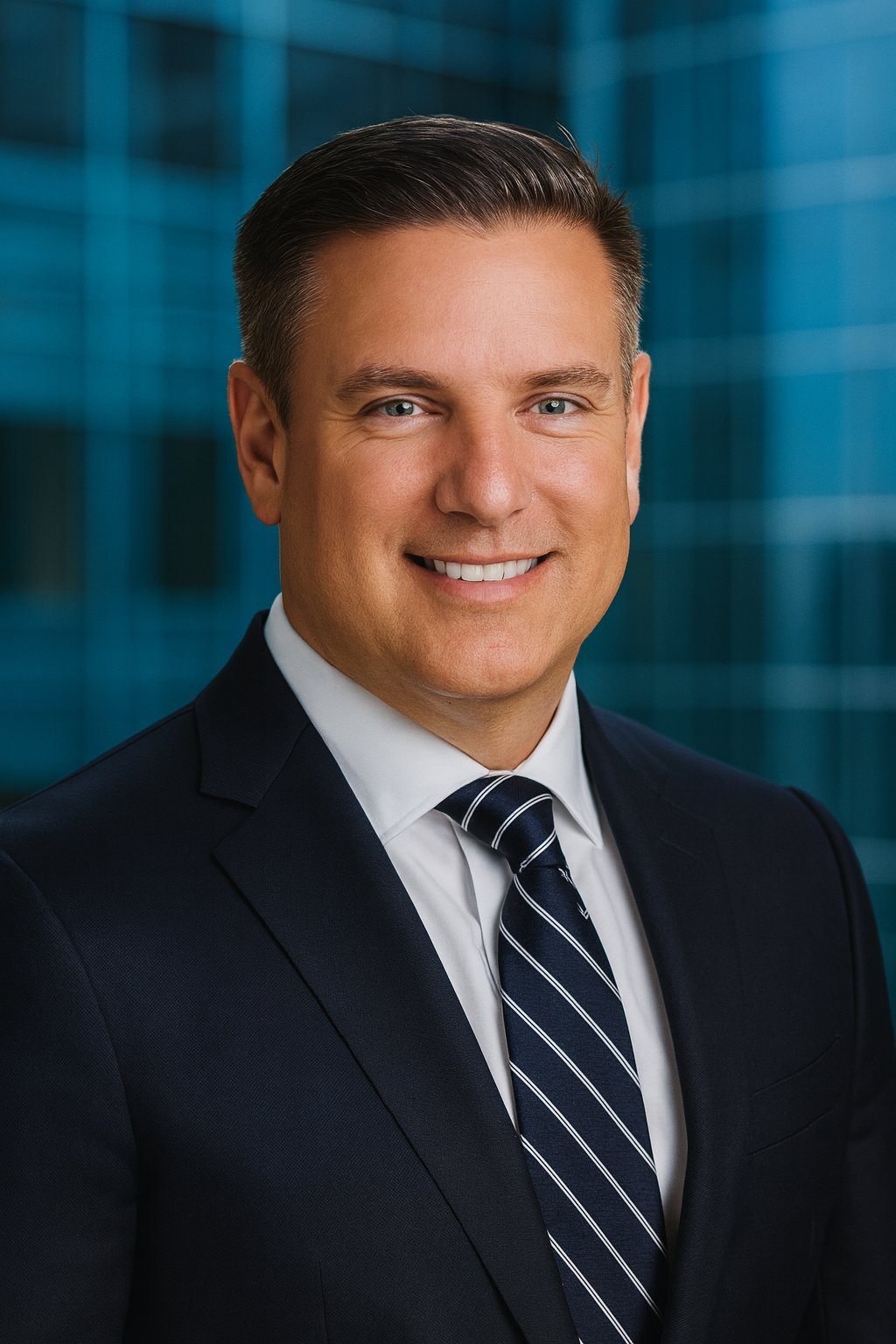 Professional headshot of a smiling man in a dark suit, white shirt, and striped tie, with an urban office building background.