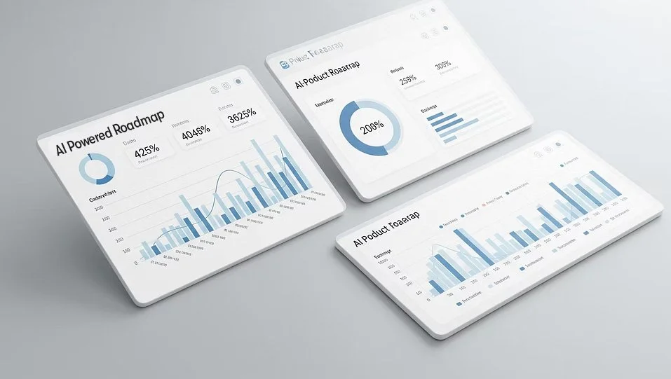 Three tablets displaying analytics graphs and charts about AI-powered products and roadmaps on a light gray background.