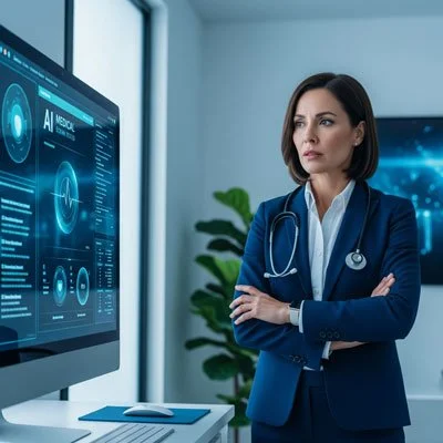 A female doctor in a blue blazer and white shirt with a stethoscope around her neck, standing in front of a large digital medical screen displaying health data and charts, in a modern medical office.
