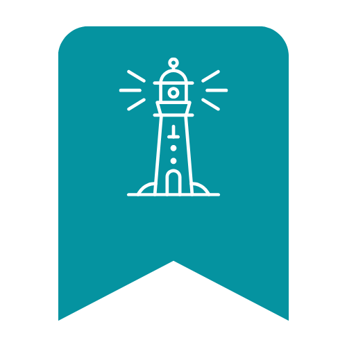 Simple line drawing of a lighthouse on a teal background