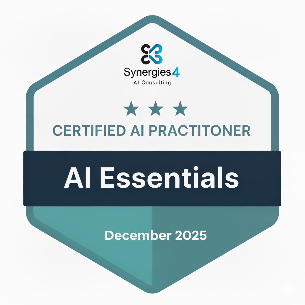 Badge for certified AI practitioner from Synergies 4, AI consulting, dated December 2025.