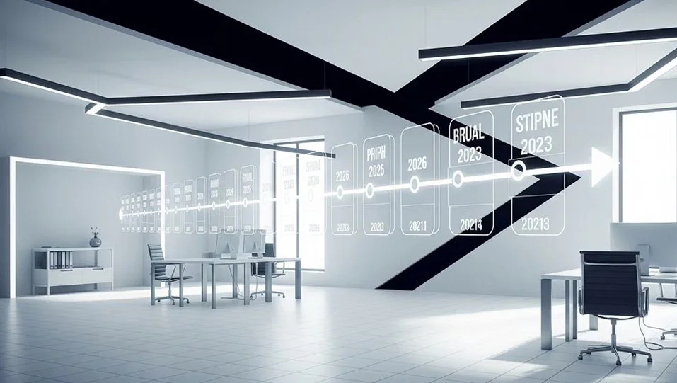 Modern office with a wall-mounted digital timeline projecting company milestones from 2013 to 2026, including various project names like BRUAL, STIPNE, and PRIPH.