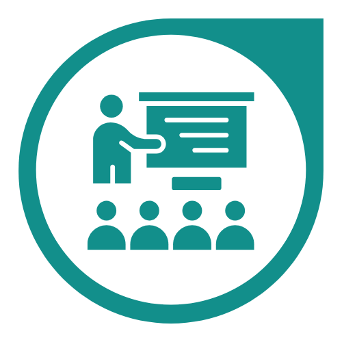Icon of a person teaching a group of four people in front of a board or screen.
