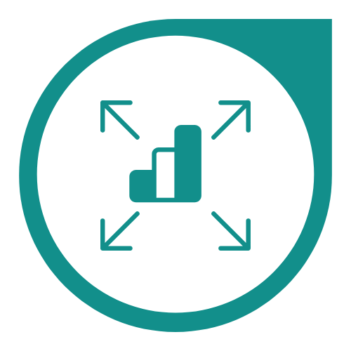 Icon of a bar chart with four outward arrows indicating expansion or growth.