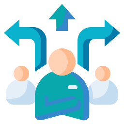 Three stylized human figures with arrows pointing in different directions behind them, representing decision-making or choices.