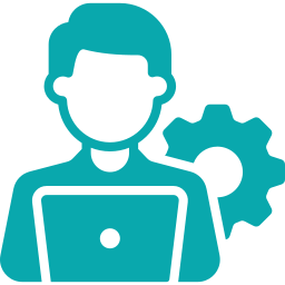 Icon of a person with a gear behind them, holding a laptop.