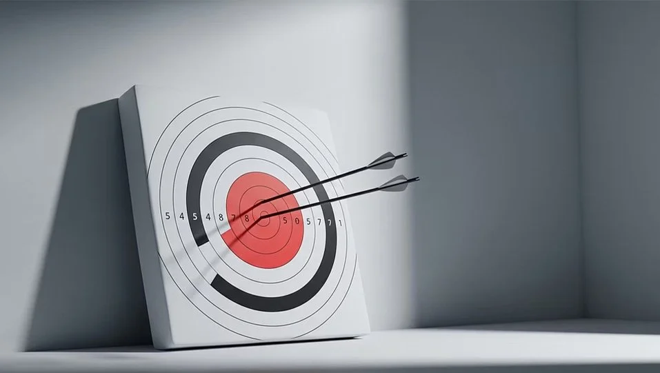 Target with two darts hitting the bullseye, placed on a shelf.