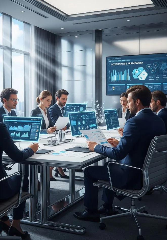 Business meeting in a modern conference room with six professionals using laptops and tablets, large windows, and a digital screen displaying governance data.