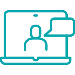 Laptop screen showing a person and a speech bubble for a video call or online chat