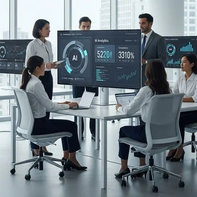 Business meeting in a modern office with five people discussing AI analytics displayed on large screens.