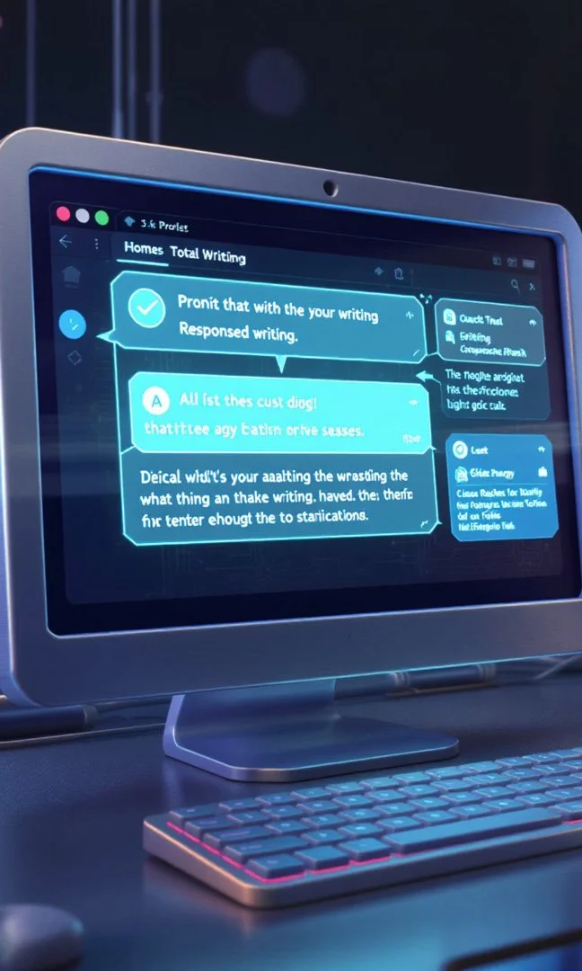 A computer monitor displaying a chat or writing application with multiple message bubbles in blue, some containing text about writing and responses, with a computer keyboard below.