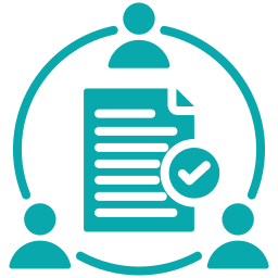Icon depicting a meeting or collaboration with three people connected around a document with a checkmark.