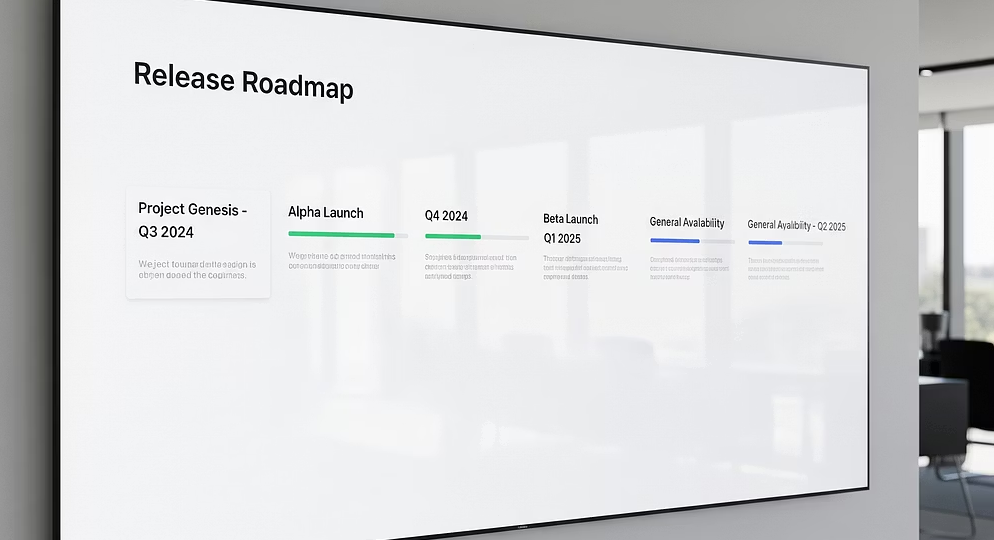 Digital release roadmap displayed on a large screen showing project milestones from Q3 2024 to Q2 2025 with progress bars.