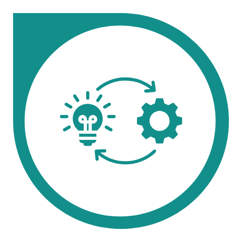 Icon of a light bulb with a gear, connected by arrows, representing innovation or idea development.