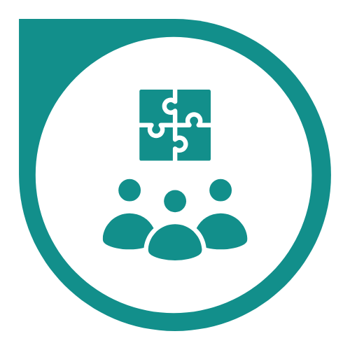 Icon of three people with a puzzle piece symbol above them, representing team collaboration or group problem-solving.