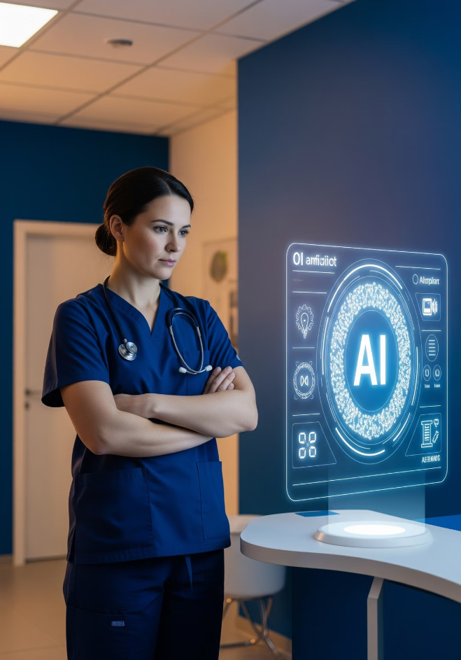 Female healthcare professional in blue scrubs standing with arms crossed, observing a holographic AI interface in a medical setting.