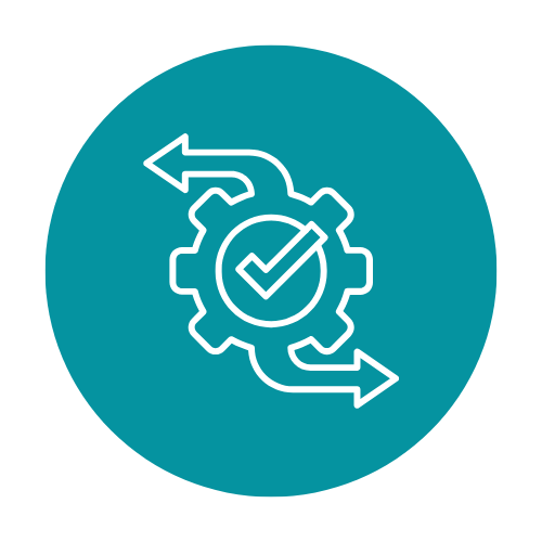 Icon of a gear with a checkmark inside, surrounded by two curved arrows, on a teal circular background.