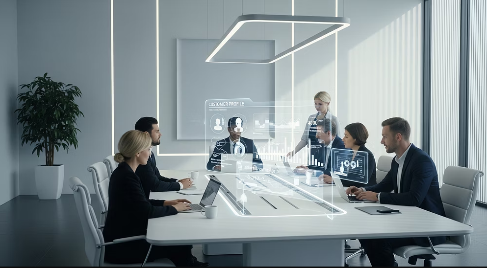 Business meeting in a modern conference room with holographic screens displaying customer data and analytics.