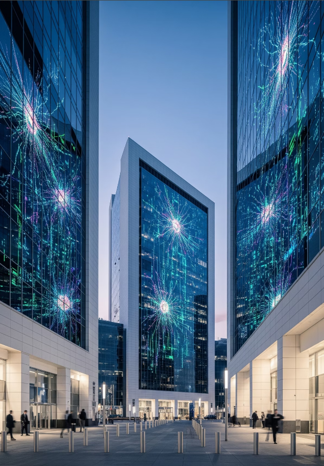 The image shows a modern cityscape with tall glass skyscrapers. The buildings display bright, colorful digital firework patterns on their glass facades, creating a festive atmosphere during dusk or evening.