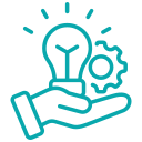 Outline of a hand holding a light bulb with a gear inside it, representing ideas and innovation.