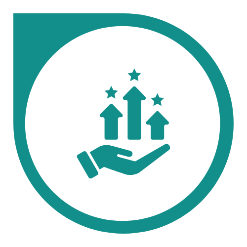 Hand holding upward-pointing arrows and stars inside a circular design.