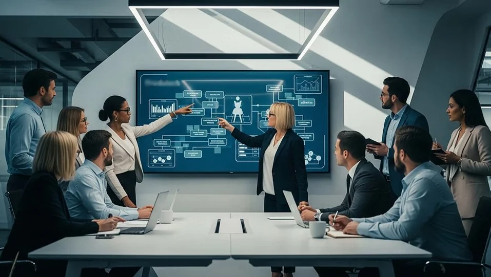 Business meeting in a modern conference room with a large digital display showing a flowchart. Six people are seated around a conference table, and two women are standing and pointing at the screen.