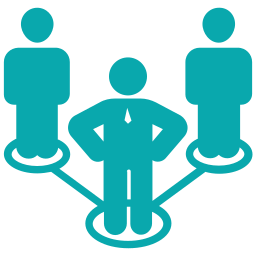 Icon of three people connected by lines, representing a network or team collaboration.