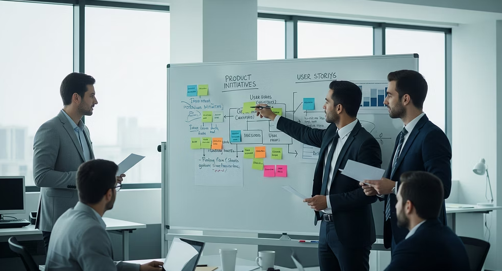 Business meeting in a modern office with five men discussing a whiteboard with notes and diagrams.