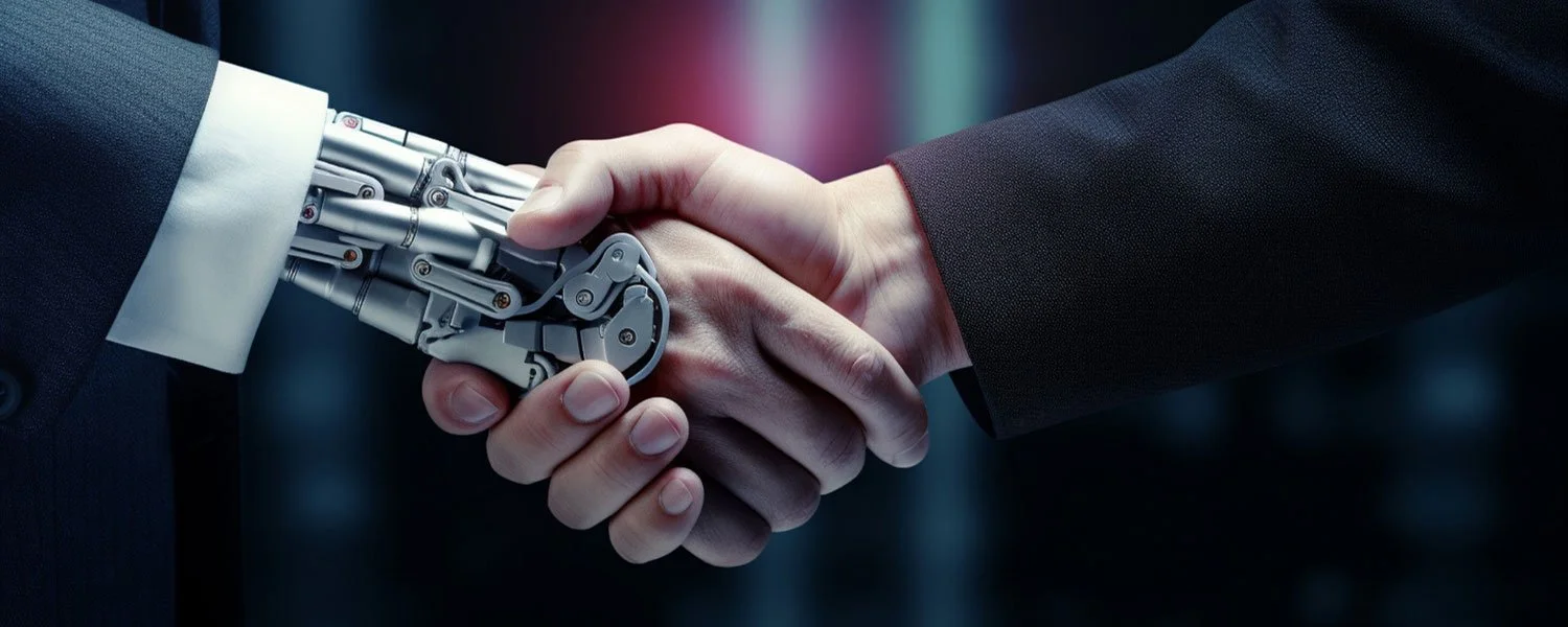 Robotic hand shaking with a human hand in formal business attire.