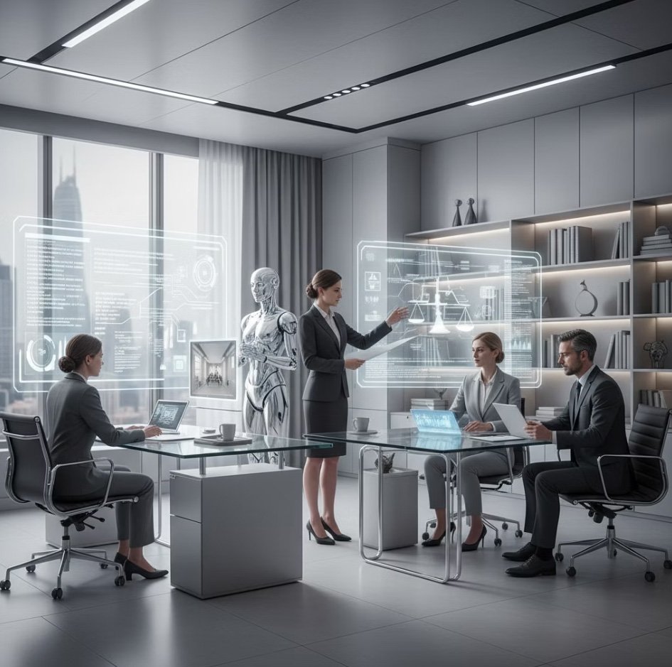 A futuristic office scene with four professionals in business attire and holographic displays, including a robotic figure and a cityscape view through the windows.