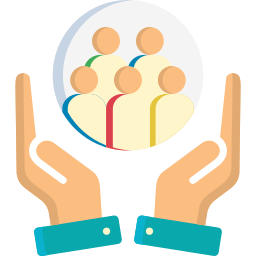 Hands holding a globe with a group of diverse people around it.